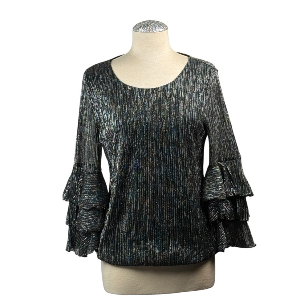 Alfani Black and Gray Ruffled Bell Sleeve Blouse